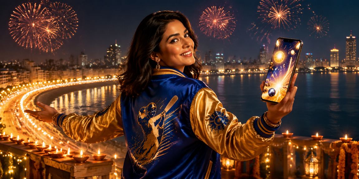 Mobile user checking promotions during Diwali at Mumbai Marine Drive